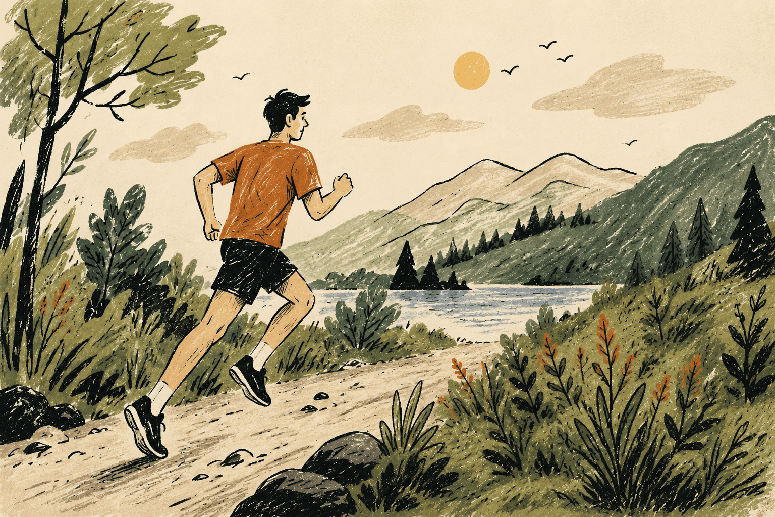 A runner on a misty mountain trail at dawn